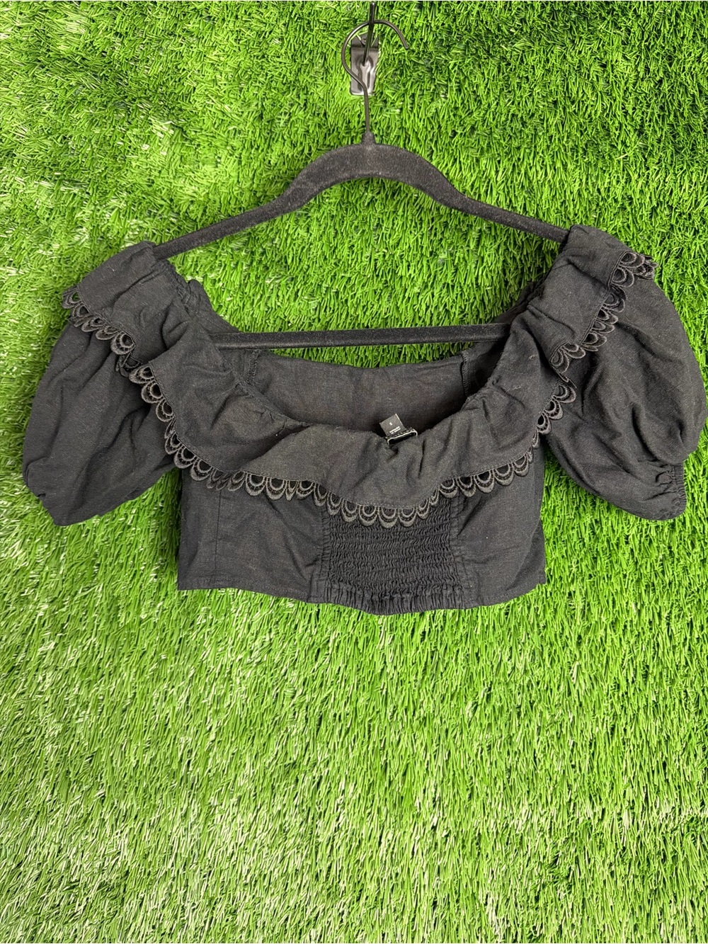 Express Black Off-Shoulder Ruffle Crop Top - Picture 2 of 4